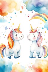 Naklejka premium Delightful unicorns amidst dreamy clouds and a rainbow a whimsical watercolor illustration for kids' imagination
