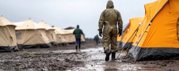 Fototapeta premium A figure walks through a muddy area near yellow tents, suggesting a temporary encampment under cloudy skies.