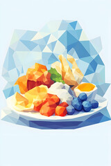 Low-poly breakfast plate with fruit, egg, and chicken, on icy background, for healthy food blogs.