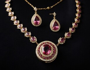 Elegant pink gemstone jewelry set featuring a necklace and matching earrings on a black velvet background. Perfect for showcasing luxury, fashion, or bridal accessories. Vibrant colors and fine crafts