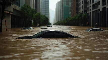 A flooded urban street with submerged vehicles, showcasing the impact of heavy rainfall and water accumulation in a city environment.