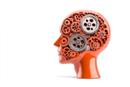 A mind map illustration of a human head where gears replace the brain, each gear labeled with concepts like logic, emotion, and creativity