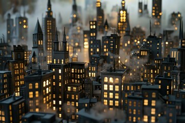 Miniature paper cityscape glowing in the dark with atmospheric fog