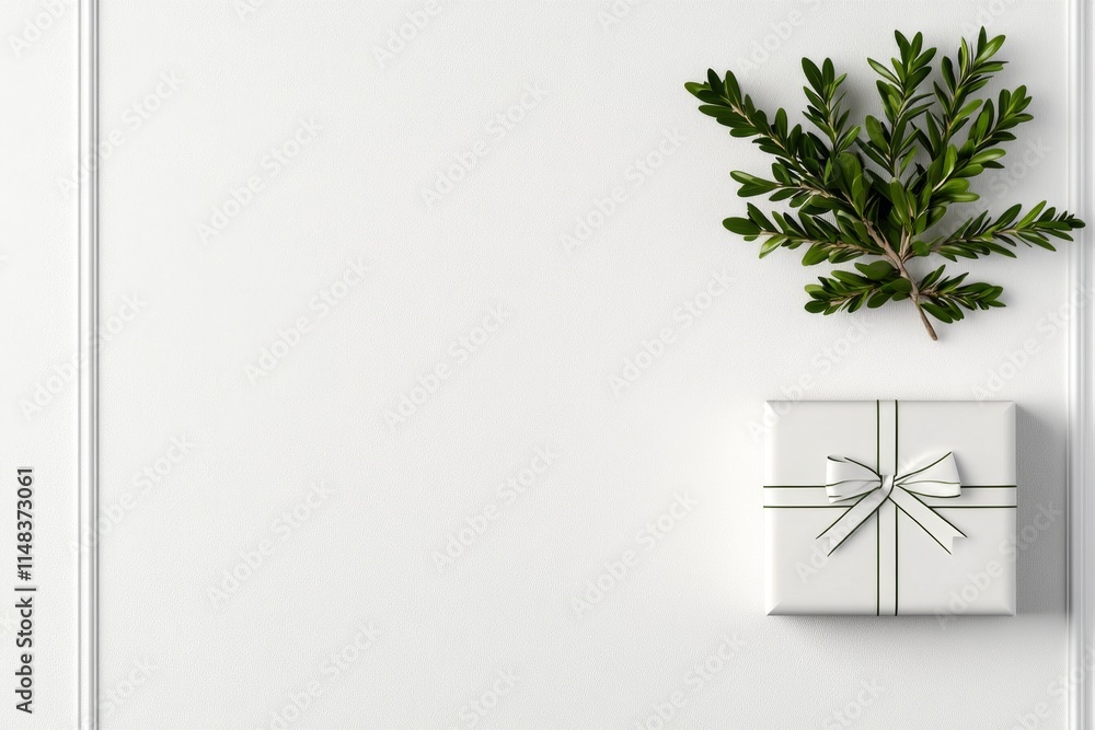 Poster a minimalist design of a small gift box with a simple ribbon, placed against a clean white backgroun