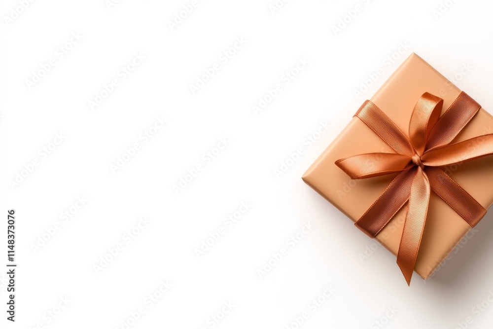 Poster a minimalist design of a small gift box with a simple ribbon, placed against a clean white backgroun