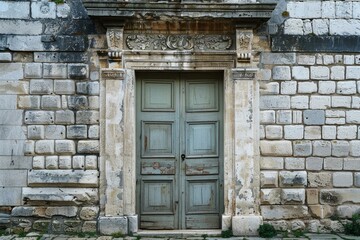 Weathered green wooden door in old stone wall with decorative lintel