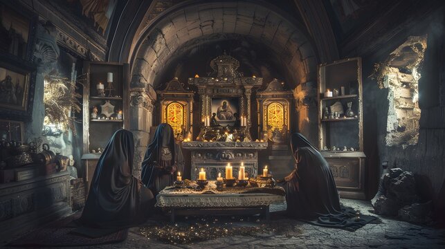 Hooded figures gather around a table lit by candles.