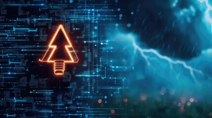 A vivid digital design featuring an illuminated arrow symbol against a backdrop of stormy clouds and lightning, merging technology with nature's power.