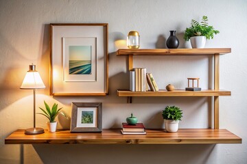 Fototapeta premium Stylish Wooden Open Shelving Unit, Home Decor, Bookcase, Interior Design, Wall Decor, Room Design, Plaster Walls, Lamp, Photo Frames, Poster Mockup