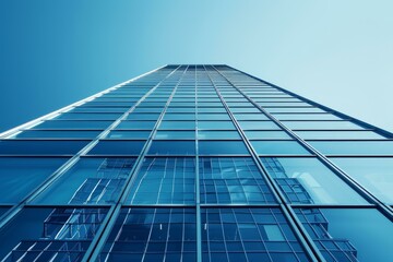 Fototapeta premium Modern glass skyscraper reflecting city skyline under blue sky