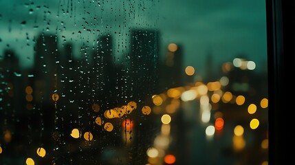 Fototapeta premium Raindrops on glass, city lights blur.