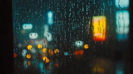 Raindrops on glass, blurred city lights.