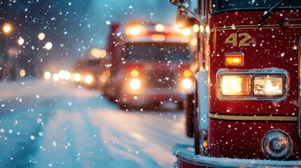 Fire truck in winter wonderland during a snowstorm, creating a beautiful scene.