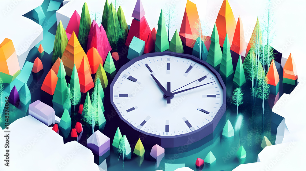 Poster low-poly clock in vibrant forest scene; time management concept; website banner.