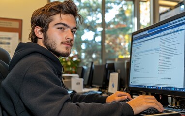 Fototapeta premium Young programmer intensely focused, navigating lines of code on his computer screen. A captivating glimpse into the digital world.