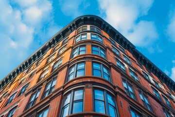 Fototapeta premium Low angle view of ornate brick building against blue sky
