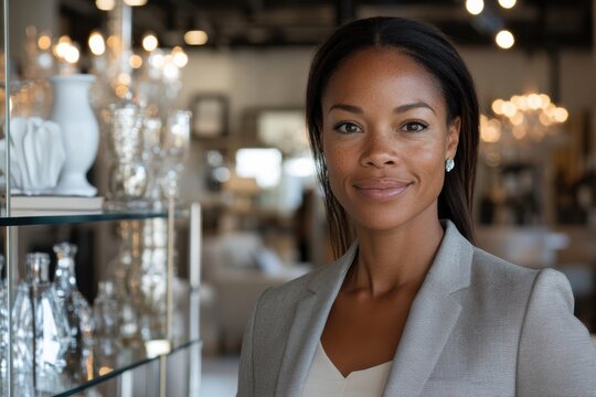 A sophisticated woman poses confidently in a stylish retail environment featuring elegant glassware and beautiful lighting, embodying modern grace and charm.