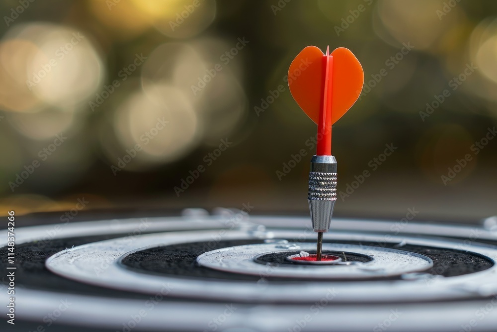 Poster red dart hitting center of target on blurred background