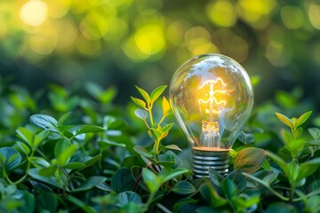 Light bulb shining in green leaves symbolizing green energy and environmental conservation