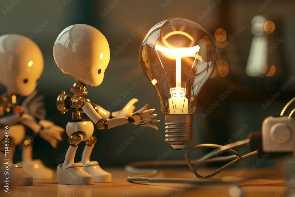 Poster robots observing glowing lightbulb in futuristic laboratory setting