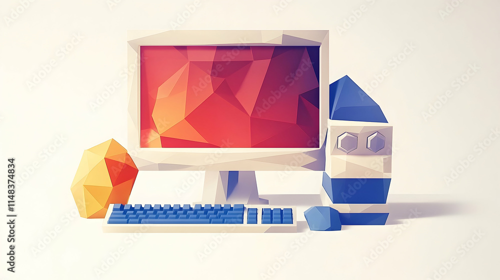 Poster low-poly computer setup with monitor, keyboard, mouse, and tower, plus an orange geometric object on