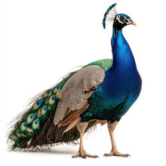 Obraz premium regal peacock displaying vibrant feathers against white background
