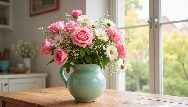 Floral arrangement of pink roses and daisies in a pitcher for Mother's Day celebration
