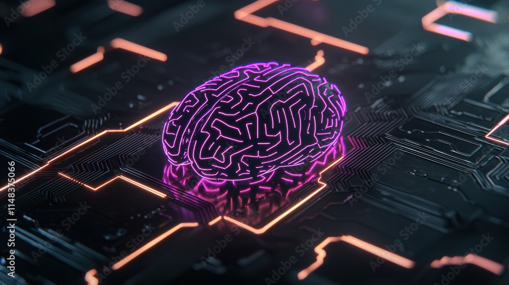 Poster digital brain surrounded by matrix connections and artificial intelligence visualization