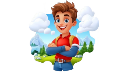 Happy Boy Backpacker Mountain Landscape Adventure Illustration