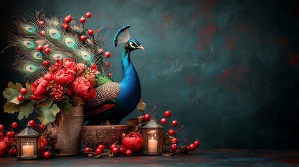 Magnificent peacock with its vibrant red and gold patterned feathers standing amidst a display of festive lanterns conveying a sense of beauty luxury and prosperity