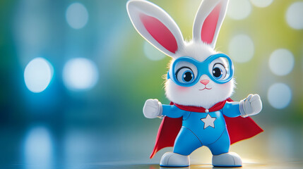Adorable cartoon bunny superhero in blue costume with red cape and mask.