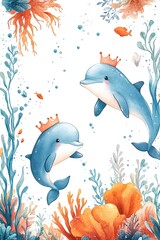 Fototapeta premium Whimsical underwater kingdom playful dolphins with crowns swimming among vibrant coral and marine life