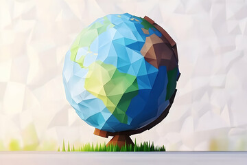 Low-poly Earth globe on tree, nature background, global sustainability concept.