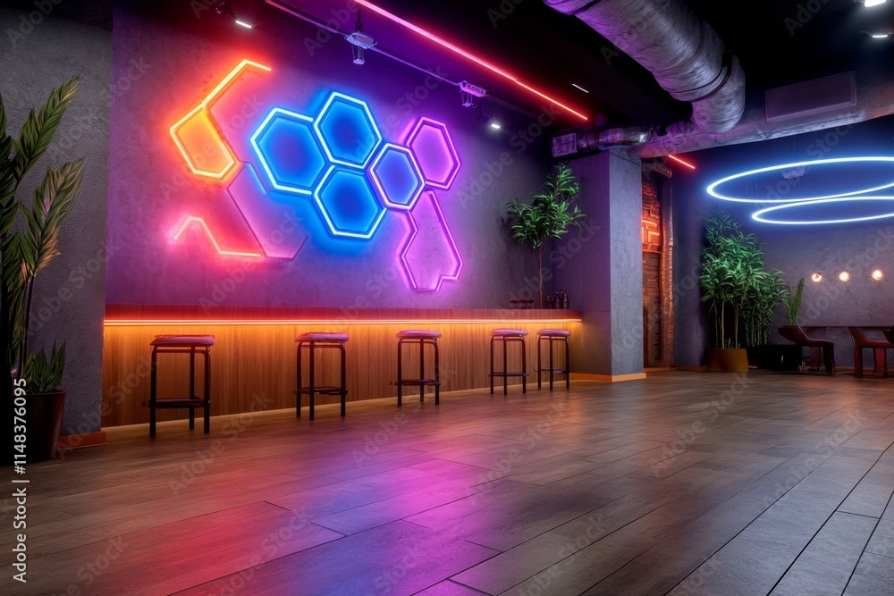 Aufkleber A neon-lit cyberpunk scene with a geometric holographic display, glowing hexagonal patterns, and dynamic neon pathways in the dark