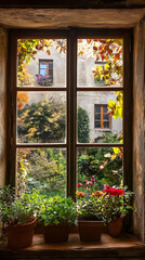 A cozy window view framed by colorful plants, revealing a serene garden and buildings outside.