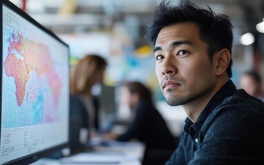 Fototapeta premium Focused Asian Data Analyst intently studies a global map on his computer screen, showcasing intricate data visualization in a modern office setting.
