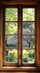 A wooden window frame showcasing a lush garden filled with greenery and colorful flowers.