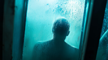 Fototapeta premium Mysterious figure behind a foggy glass door