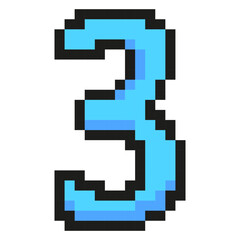 Blue number three pixel art symbol isolated on a white background. Vector 8 bit illustration.