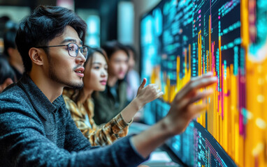 Obraz premium Asian data professionals collaborate, analyzing vibrant charts on a large screen. Innovative tech solutions in action!