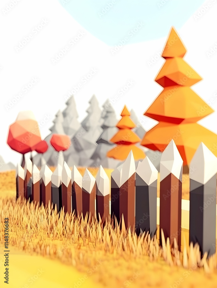 Aufkleber low-poly fence and trees in a field, background of white and gray trees, for use in game design.