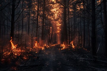 Forest fire burning wildly along path at sunset