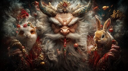 Obraz premium Mythical creatures including a majestic dragon tiger rabbit and ox dressed in ornate robes and holding lucky charms gather for an auspicious New Year harmony prosperity and cultural tradition