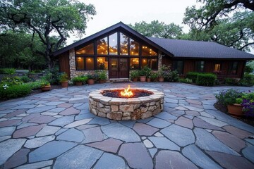 A patio surrounded by potted plants, string lights, and a fire pit at the center, creating a cozy outdoor space