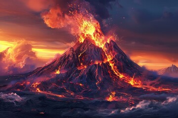 Volcano erupting at sunset with lava and clouds creating dramatic scene