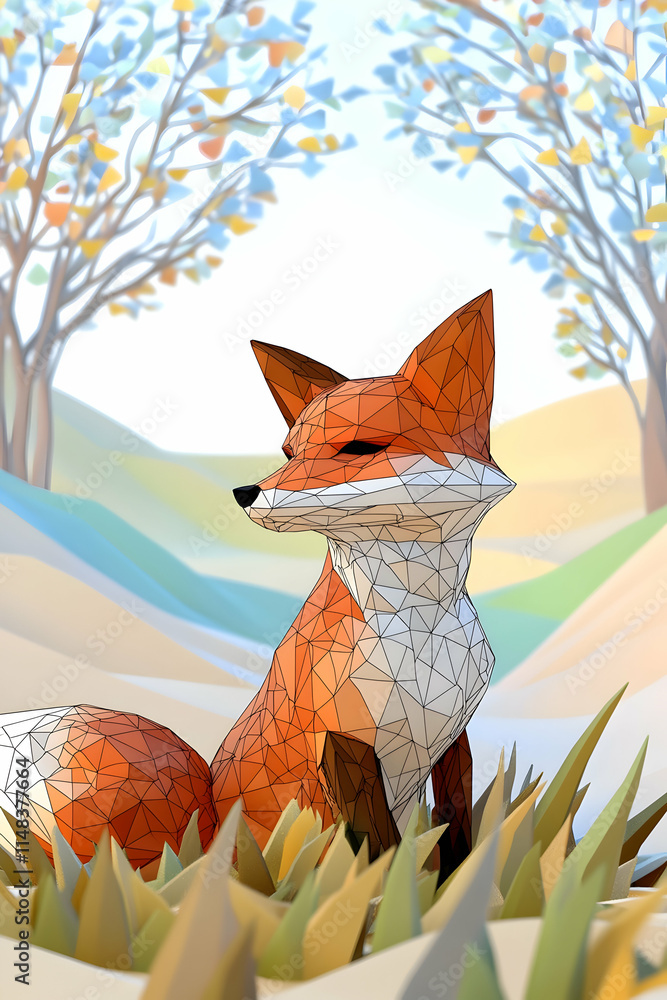 Poster low-poly fox sitting in tall grass with trees in background, suitable for graphics.