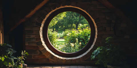 A circular window frames a lush garden, inviting nature indoors.