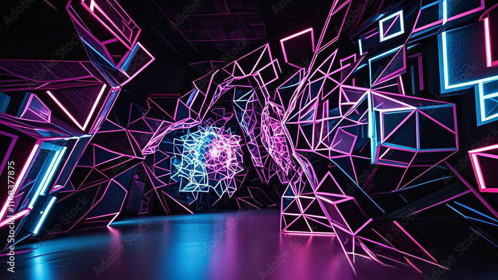Poster glowing blue globe with neon fractal lines and bright stars, creating a digital space concept backgr