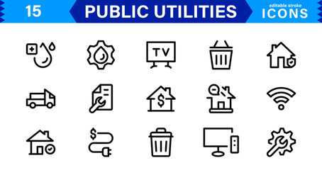 Public Utilities Icon Pack, Modern, Scalable Line Art for Water, Electricity, Waste Management & Public Services.