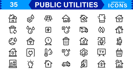 Public Utilities Icon Pack, Modern, Scalable Line Art for Water, Electricity, Waste Management & Public Services.